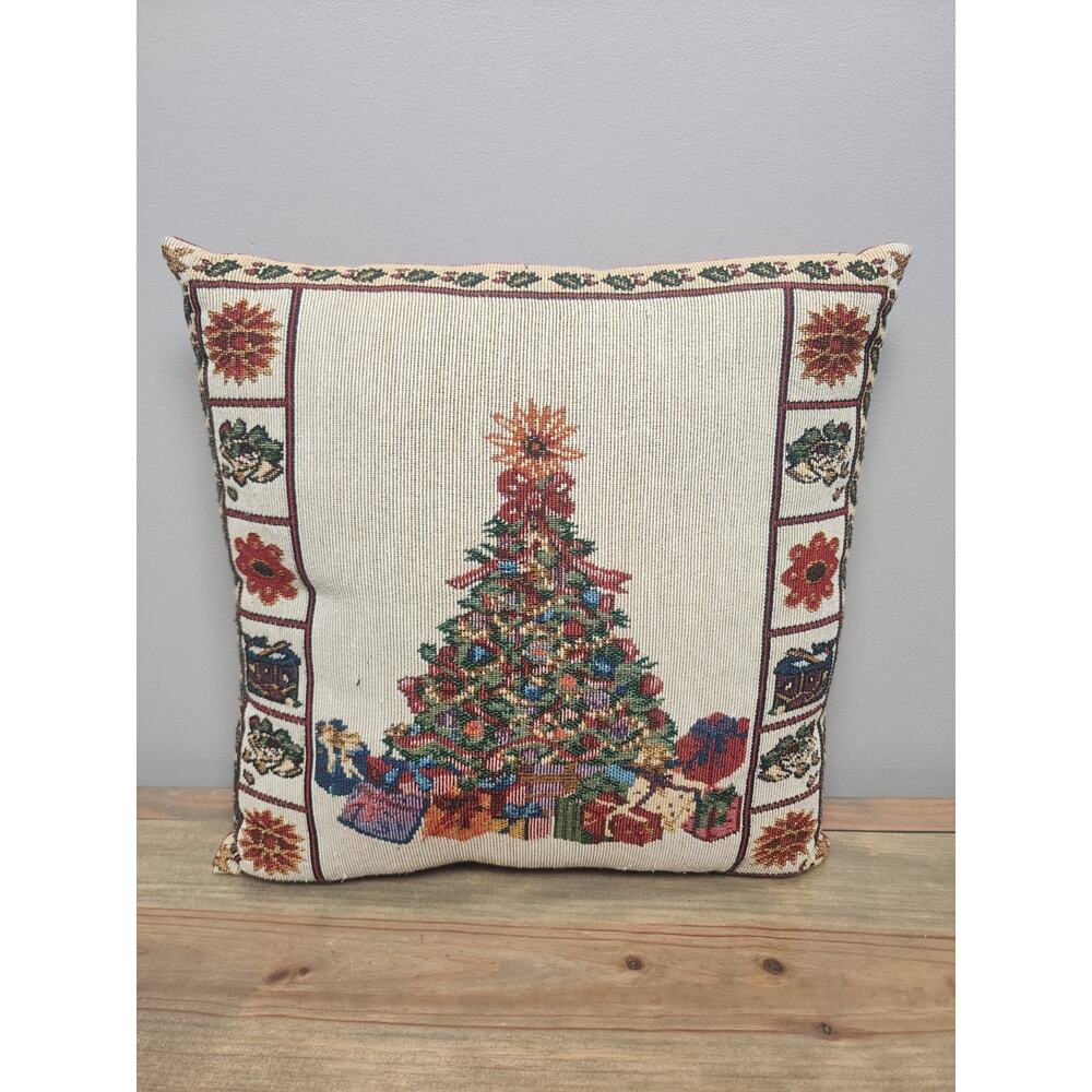 Christmas Tree Tapestry Decorative Throw Pillow Red Back Zip Poinsettia 12"